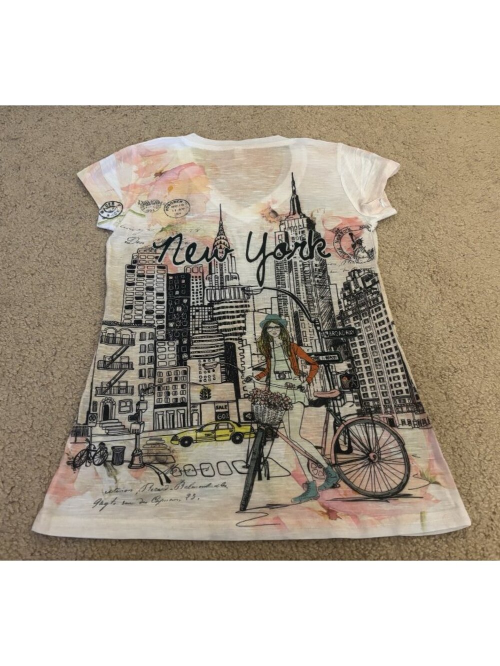 Emma New York City Rhinestone Empire State Building Taxi Juniors Shirt Sz L